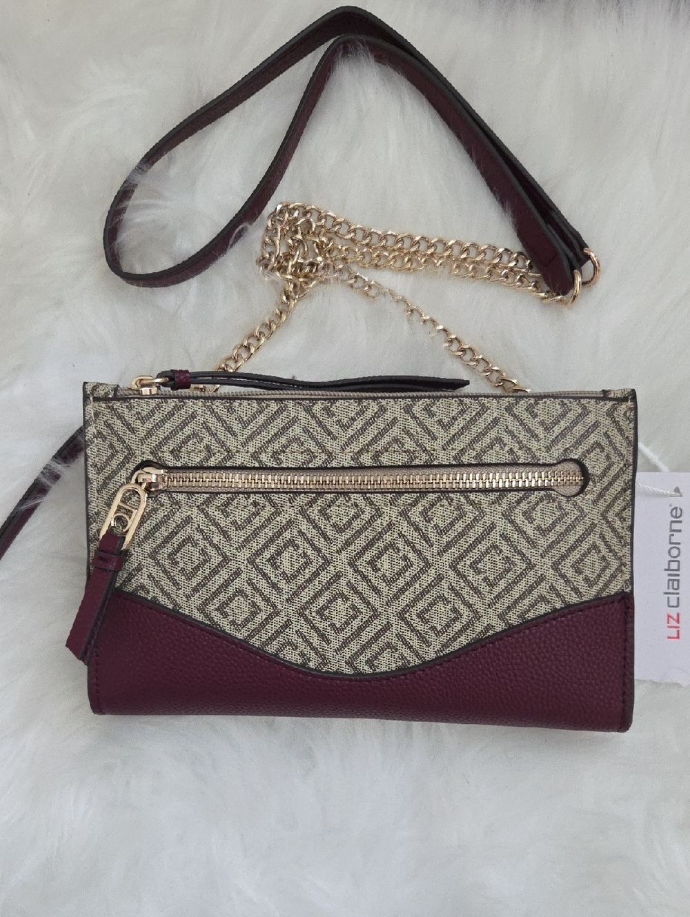 Liz Claiborne Burgundy and Beige Patterned Chain Crossbody